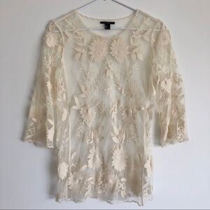 Cream Sheer Lace Floral Shirt 3/4 Length Sleeves S